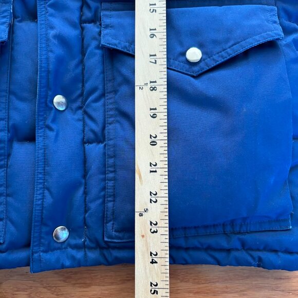 Vintage Black Ice Down Filled Blue Puffer Vest Mens M Hideaway Hood Outdoor Camp - Picture 10 of 10